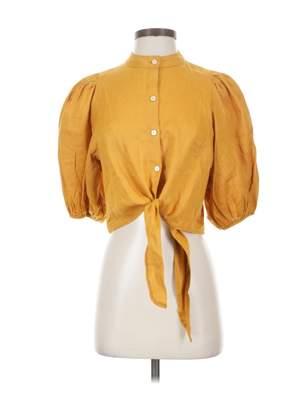 Lantropy Linen Cropped Ochre Tie-Front‎ Puff-Sleeve Blouse